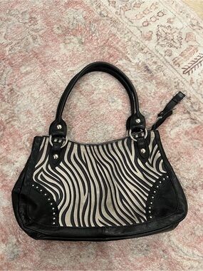 Black Leather Zebra-Print Shoulder Bag with Stud Accents